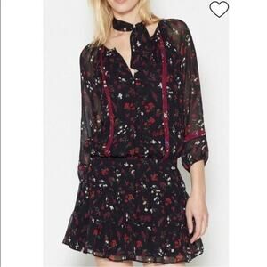 Joie Elegant Silk Dress smocked drop waist black red floral button up lined EUC